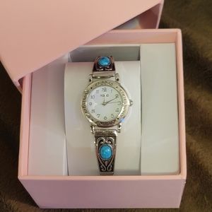 Women's Folio Silver & Simulated Turquoise Cabochon stretch band watch
